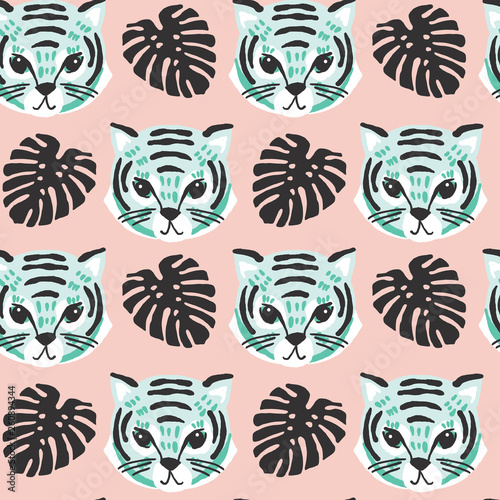 vector seamless pattern of mint green tiger faces with black monstera leaves on a blush pink background