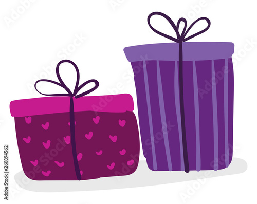 Two different sized rectangular boxes wrapped in colorful decorative paper tied with black ribbons and topped with decorative bow works especially well for gifts vector color drawing or illustration