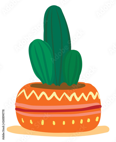 A decorated round earthen flower pot with small cactus plants provides extra style to the space occupied vector color drawing or illustration