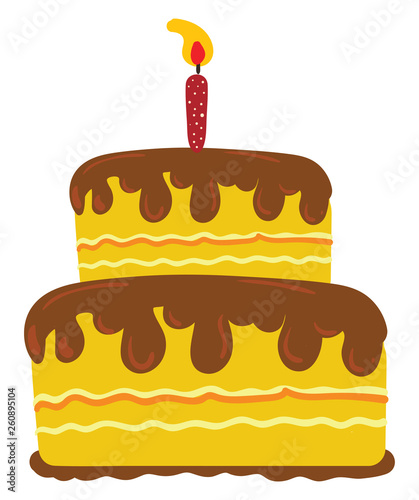 A beautiful painting of two-layer yellow cake with chocolate toppings and a single glowing candle vector color drawing or illustration