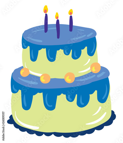 A vanilla cake with blue fondant dressing and glowing candles for celebration vector color drawing or illustration
