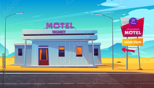 Small, 24 hours, roadside motel building with illuminated road sign near highway in dessert area cartoon vector illustration. Comfortable accommodation for car travelers. Touristic infrastructure