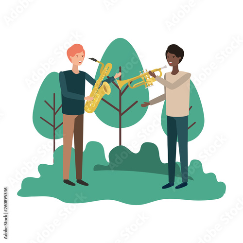 men with musical instruments in landscape