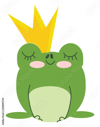 A green king frog wearing a golden crown on head is day dreaming vector color drawing or illustration