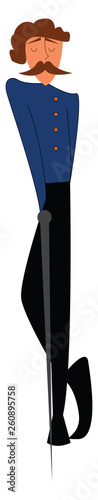 A tall and skinny gentleman dressed in blue black uniform and holding a sword and stands with his crossed legs vector color drawing or illustration