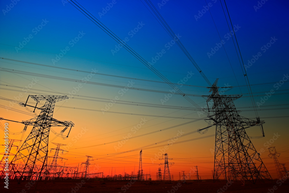 Fototapeta premium Pylon, high-voltage tower sky background.