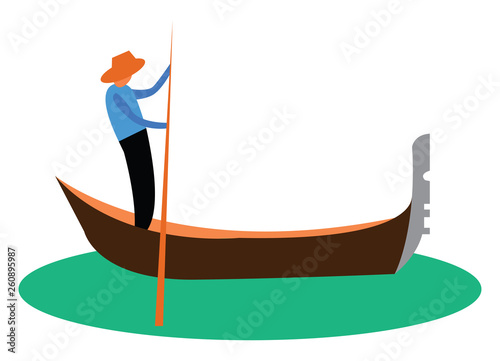 A man propelling a small narrow boat known as gondola vector color drawing or illustration