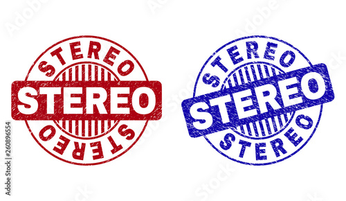 Grunge STEREO round stamp seals isolated on a white background. Round seals with grunge texture in red and blue colors. Vector rubber imprint of STEREO caption inside circle form with stripes.