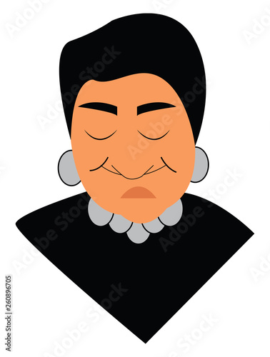 Grumpy face of an old woman in black dress and wearing stylish jewelries vector color drawing or illustration