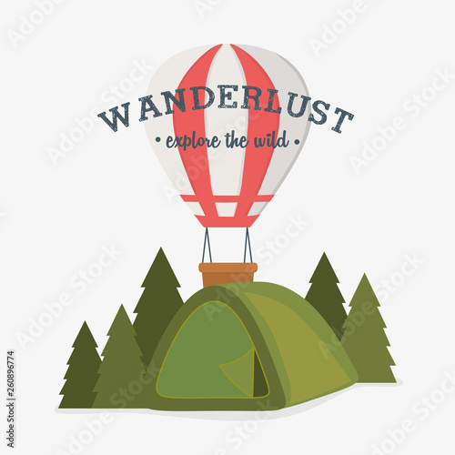 wanderlust label with forest scene and camping tent