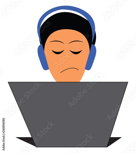 A programmer with his headphones is working on a laptop and expresses an unpleasant mood vector color drawing or illustration