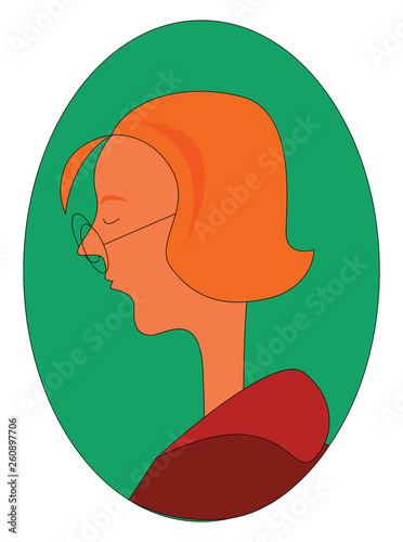 Profile of a ginger woman with round glasses inside green elipse vector illustration on a white background