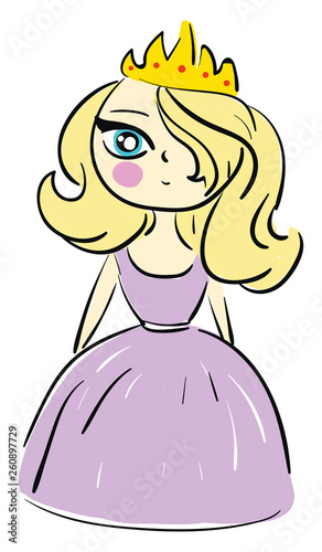 Cartoon of a princess in violet dress with long blonde hair and golden crown vector illustration on white background
