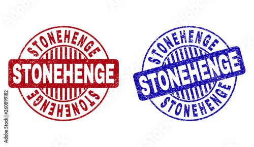 Grunge STONEHENGE round stamp seals isolated on a white background. Round seals with grunge texture in red and blue colors. Vector rubber overlay of STONEHENGE text inside circle form with stripes.