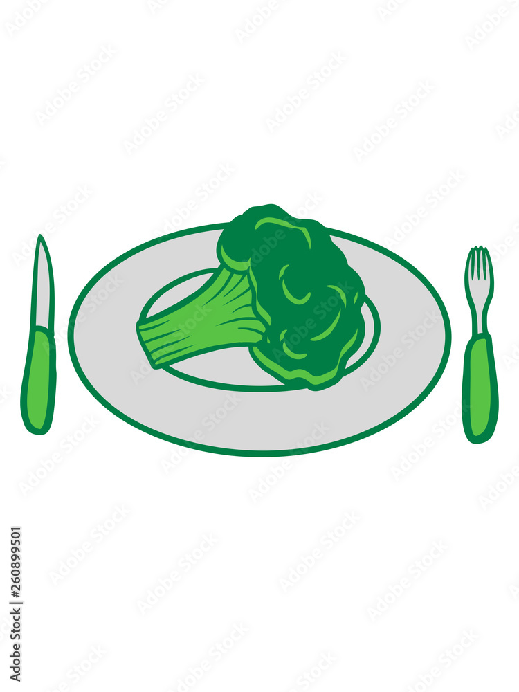 brokkoli teller mahlzeit besteck messer gabel gesund vitamine gemüse essen  ernähren lecker hunger kochen blumenkohl comic cartoon lustig clipart  design Stock Illustration | Adobe Stock