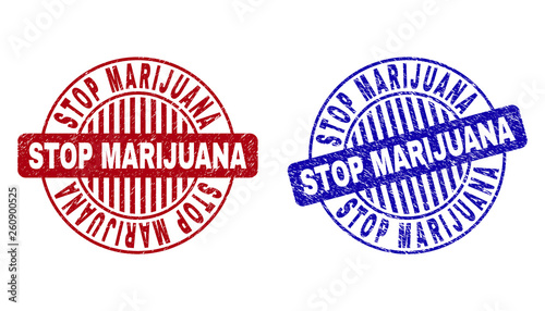 Grunge STOP MARIJUANA round stamp seals isolated on a white background. Round seals with grunge texture in red and blue colors.