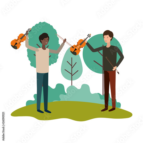 men with musical instruments in landscape