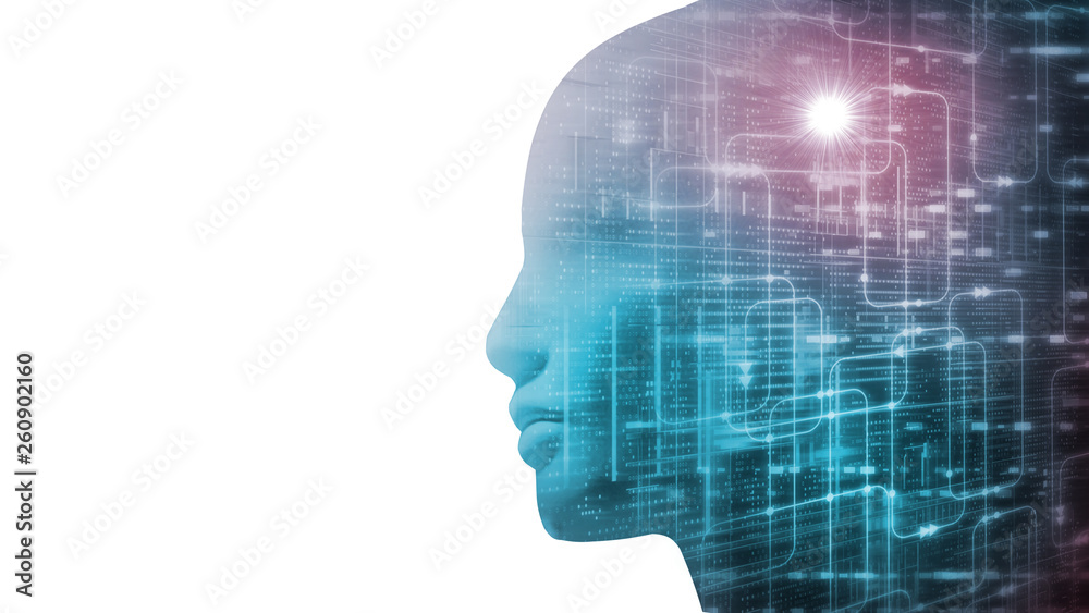 3D Rendering of robot's head with abstract technology binary data and software workflow on contrast white background. Concept for Artificial intelligence, big data analysis, deep machine learning. 3D Rendering of robot's head with abstract technology binary data and software workflow on contrast white background. Concept for Artificial intelligence, big data analysis, deep machine learning.