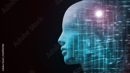 3D Rendering of robot's head with abstract technology binary data and software workflow background. Concept for Artificial intelligence, big data analysis, deep machine learning.