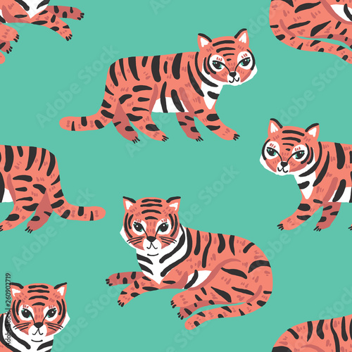 vector seamless pattern with coral orange tigers on a green background