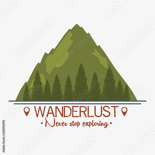 wanderlust label with landscape and forest scene