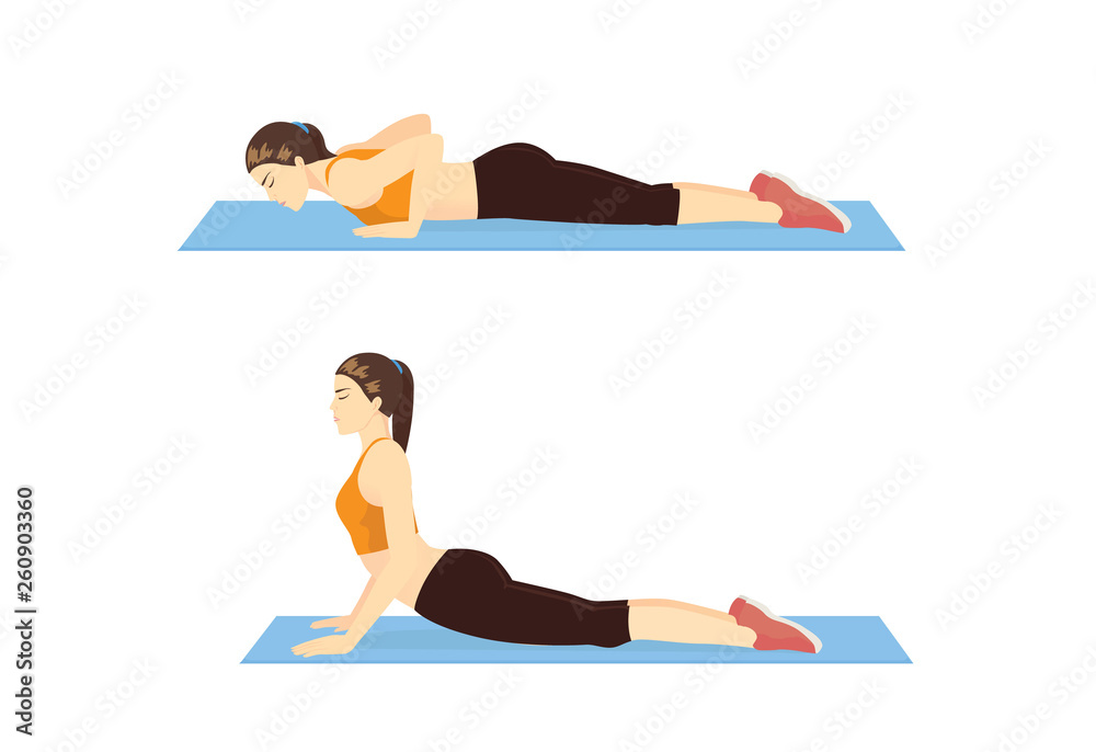 Woman doing Cobra Stretch Exercise on blue mat in 2 step