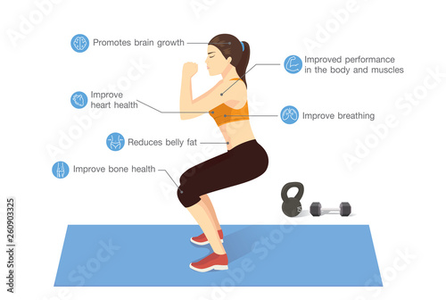 Woman doing squatting exercise on mat with data of benefits of cardio workout.