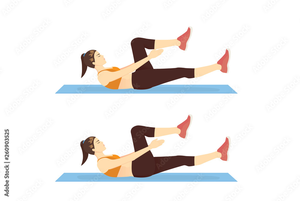Woman doing Crunch Clap Exercise in 2 step for guide. Illustration