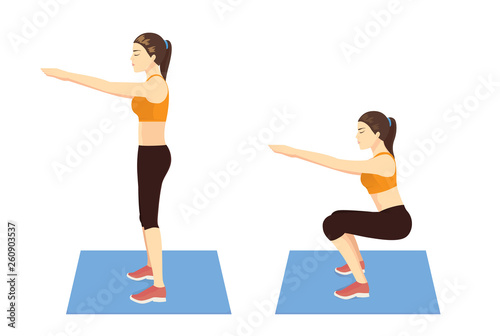 Exercise guide by Woman doing air squat in 2 steps in side view for strengthens entire lower body. Illustration about workout. photo