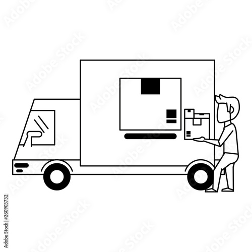 Delivery truck and courier with box in black and white