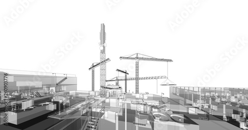 Construction crane. Building crane on the Architecture background. Perspective 3d Wireframe of building