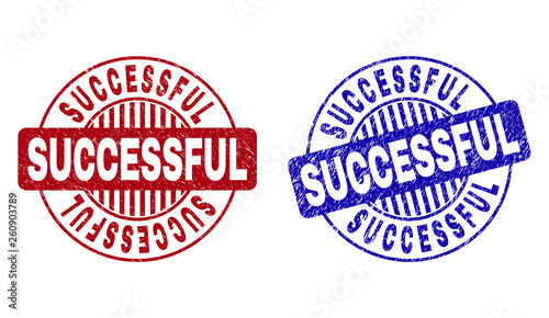 Grunge SUCCESSFUL round stamp seals isolated on a white background. Round seals with distress texture in red and blue colors.