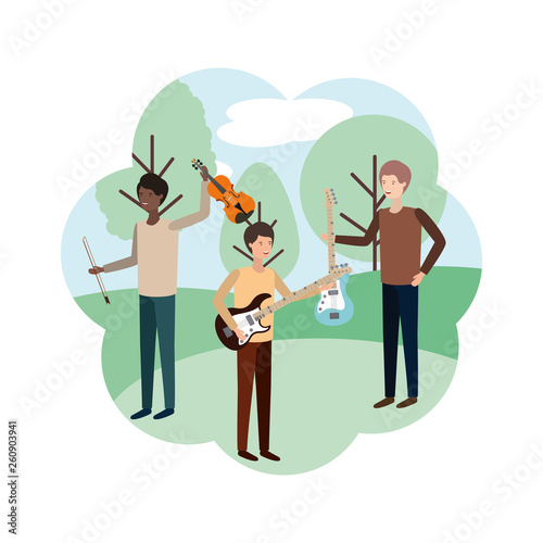 men with musical instruments in landscape