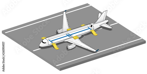 Isometric Plane Crash Airplane Slide . Airbus Window Rescue. emergency evacuation slides deployed. Plane 3d Illustration Vector. 
