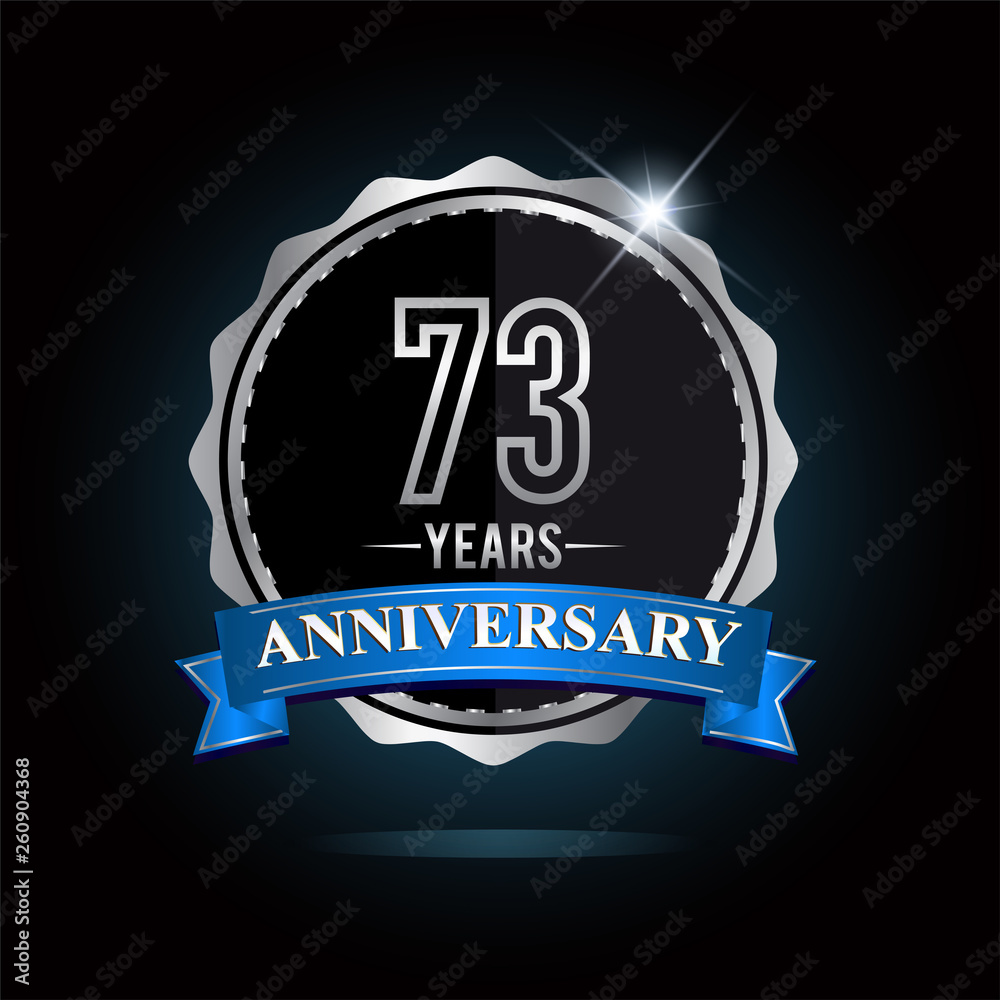 73rd anniversary logo with blue ribbon and silver shiny badge, vector design for birthday celebration 73rd anniversary logo with blue ribbon and silver shiny badge, vector design for birthday celebration
