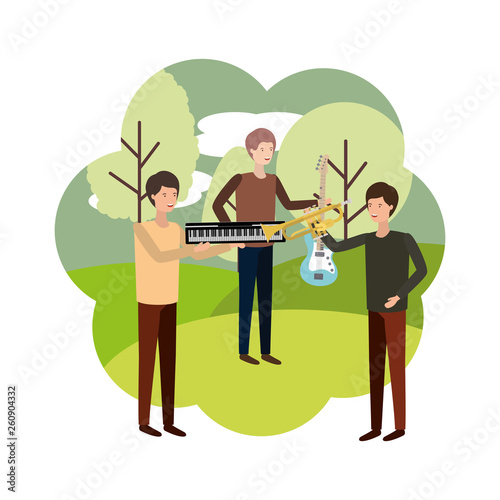 men with musical instruments in landscape