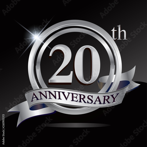 20th anniversary logo with silver ring and ribbon. Vector design template elements for your birthday celebration.