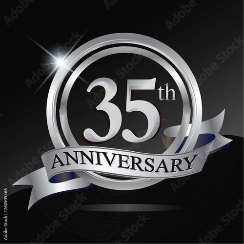 35th anniversary logo with silver ring and ribbon. Vector design template elements for your birthday celebration.