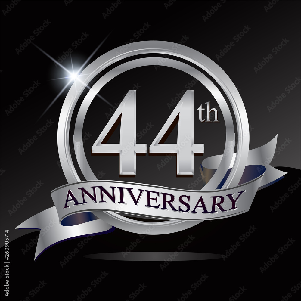 44th anniversary logo with silver ring and ribbon. Vector design template elements for your birthday celebration. 44th anniversary logo with silver ring and ribbon. Vector design template elements for your birthday celebration.