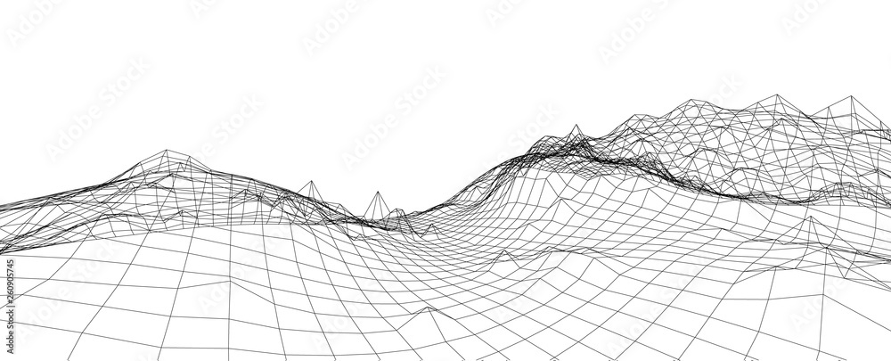 3D wireframe of contour swirl. Abstract wireframe background. Black and white wave - obrazy, fototapety, plakaty 