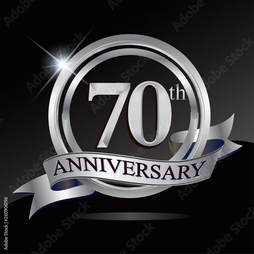 70th anniversary logo with silver ring and ribbon. Vector design template elements for your birthday celebration.