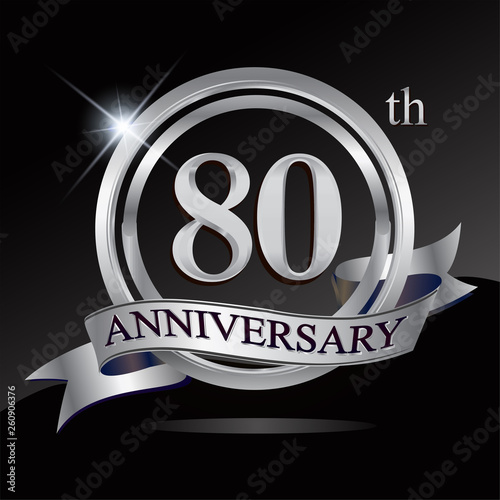 80th anniversary logo with silver ring and ribbon. Vector design template elements for your birthday celebration.