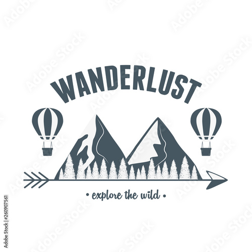 wanderlust label with forest scene and balloon air hot