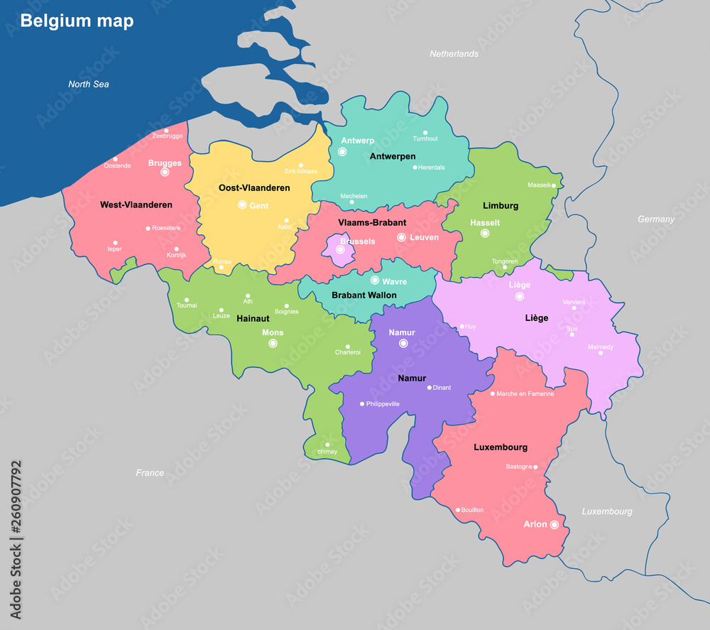 Belgium Political Map with capital Brussels, national borders, most important cities and rivers. English labeling and scaling. Illustration.