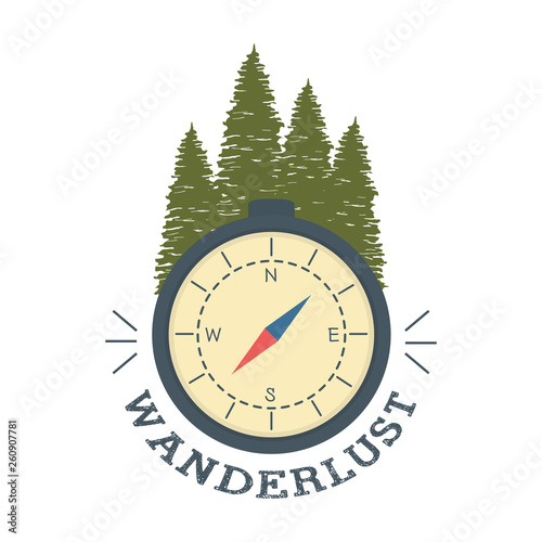 wanderlust label with forest scene and compass