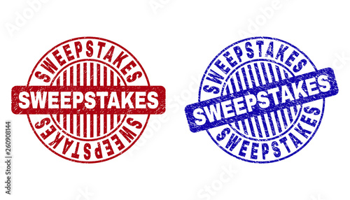 Grunge SWEEPSTAKES round stamp seals isolated on a white background. Round seals with distress texture in red and blue colors.
