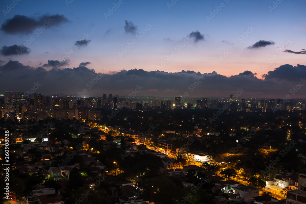 Night aerial view of the Jardins neighborhood in Sao Paulo, Brazil.