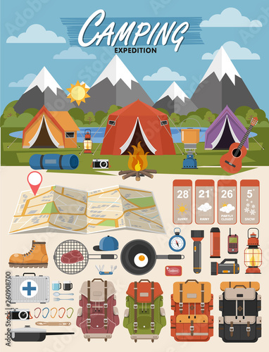 Camping equipment vector collection. . Base camp gear and accessories. Camping icon set. Hiking icons set. 