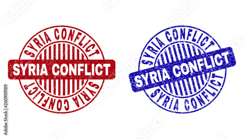 Grunge SYRIA CONFLICT round stamp seals isolated on a white background. Round seals with grunge texture in red and blue colors.