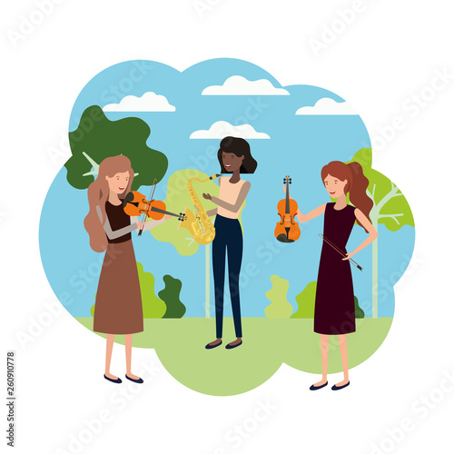 women with musical instruments in landscape